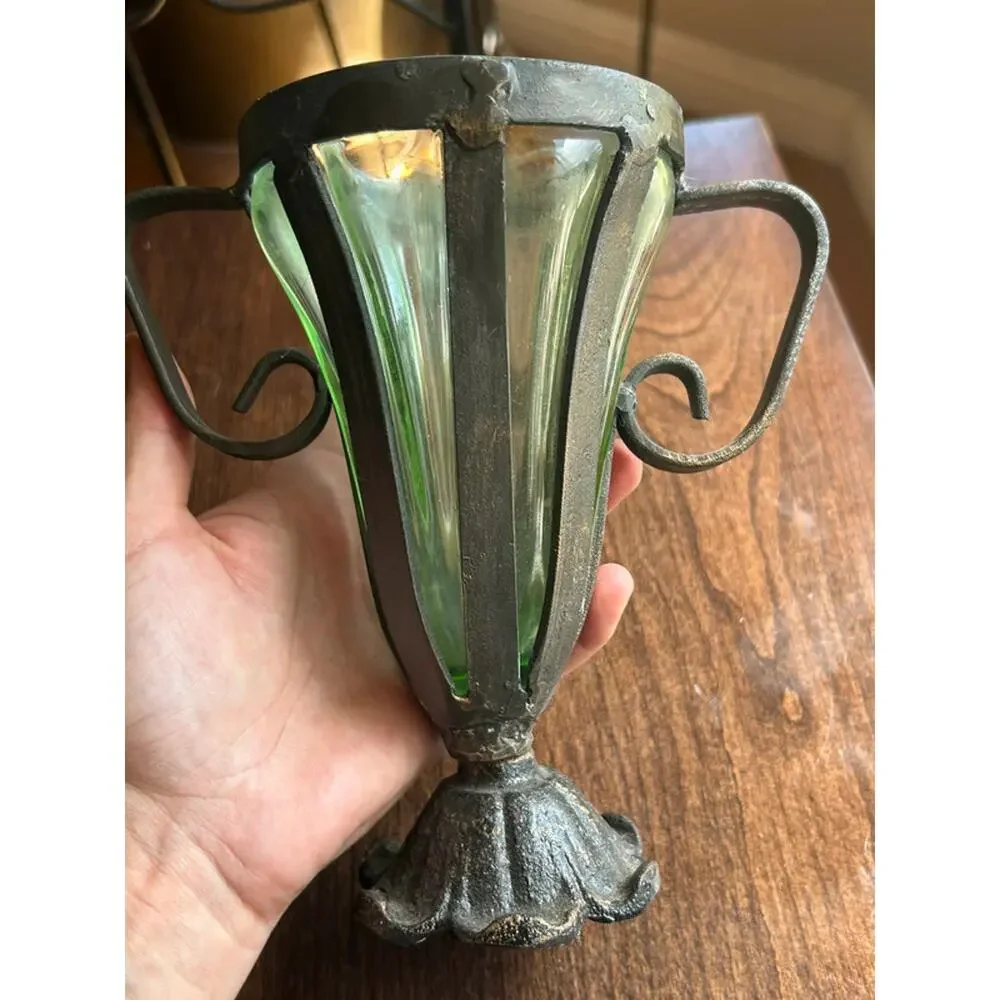 2 Caged Iron Hand-Blown Green Glass Urn Vase gothic medieval rustic